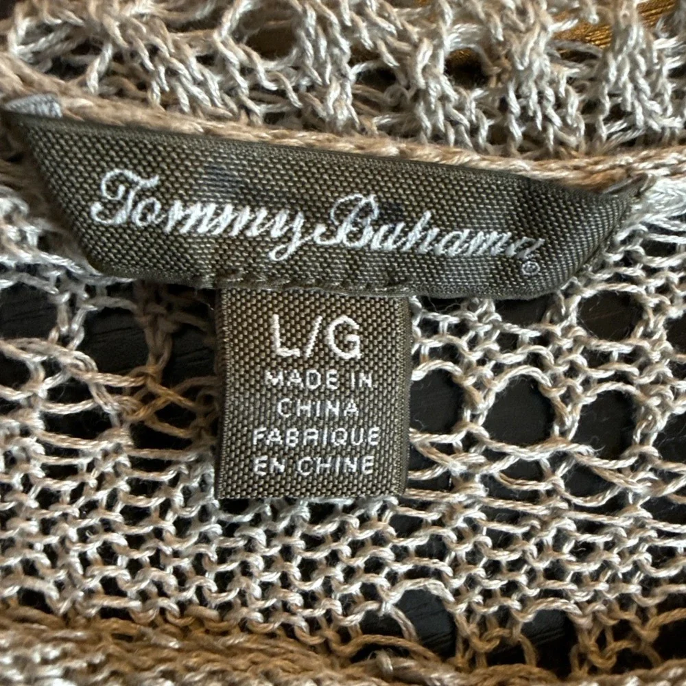 Tommy Bahama Womens Large Linen Top Brown Knit Pullover Crochet Mesh Coverup‎